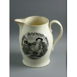 AN 18th CENTURY POSSIBLY LIVERPOOL CREAM WARE JUG, transfer decorated with a portly gentleman