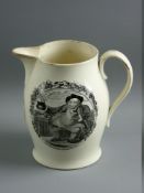 AN 18th CENTURY POSSIBLY LIVERPOOL CREAM WARE JUG, transfer decorated with a portly gentleman