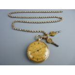 AN EIGHTEEN CARAT GOLD CASED POCKET WATCH with a yellow metal fob chain, the open faced watch set