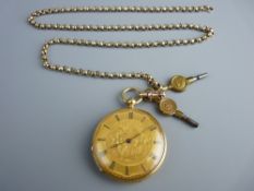 AN EIGHTEEN CARAT GOLD CASED POCKET WATCH with a yellow metal fob chain, the open faced watch set