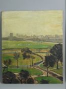 Attributed to LAWRENCE STEPHEN LOWRY oil on board - landscape with distant football field and