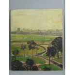 Attributed to LAWRENCE STEPHEN LOWRY oil on board - landscape with distant football field and
