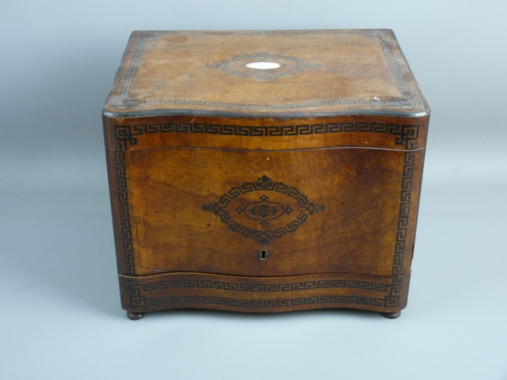 A 19th CENTURY WALNUT DECANTER BOX with inlaid ebony Greek Key pattern decoration and stringing (