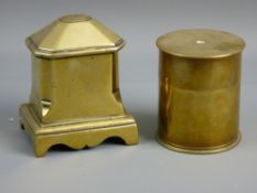 A HEAVY OBLONG BASED BRASS LIDDED TEA CADDY and a shell case base converted to a lidded container