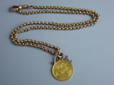 AN 1899 GEORGE & DRAGON VICTORIAN HALF SOVEREIGN with a nine carat gold muff chain and swivel, total