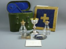 A MILITARY ISSUE CHAPLAIN'S FIELD COMMUNION KIT, 1950's complete with gilt lined silver plated