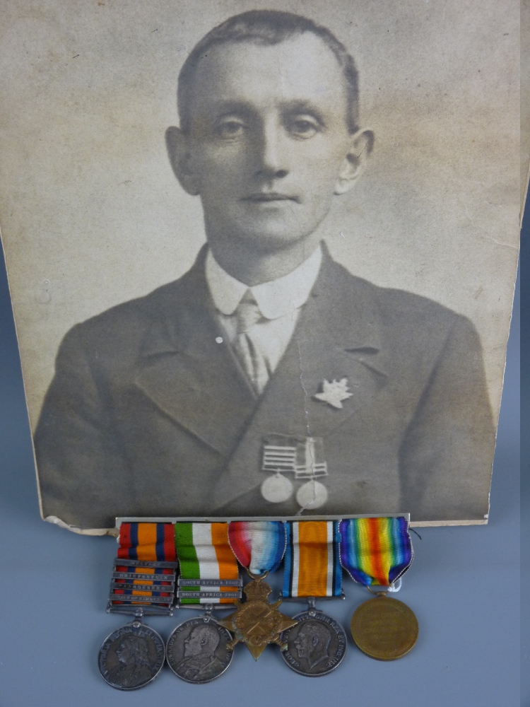 A WELSH REGIMENT BOER WAR WWI GROUP OF FIVE MEDALS to Pte E Jones with a photograph of the recipient