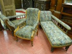 THREE ITEMS OF EDWARDIAN LOUNGE FURNITURE to include two chaise longue with spindle gallery backs,