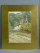 HELEN ALLINGHAM watercolour - thatched cottage with figure and child by the gate, signed, unframed