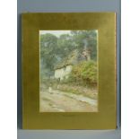 HELEN ALLINGHAM watercolour - thatched cottage with figure and child by the gate, signed, unframed