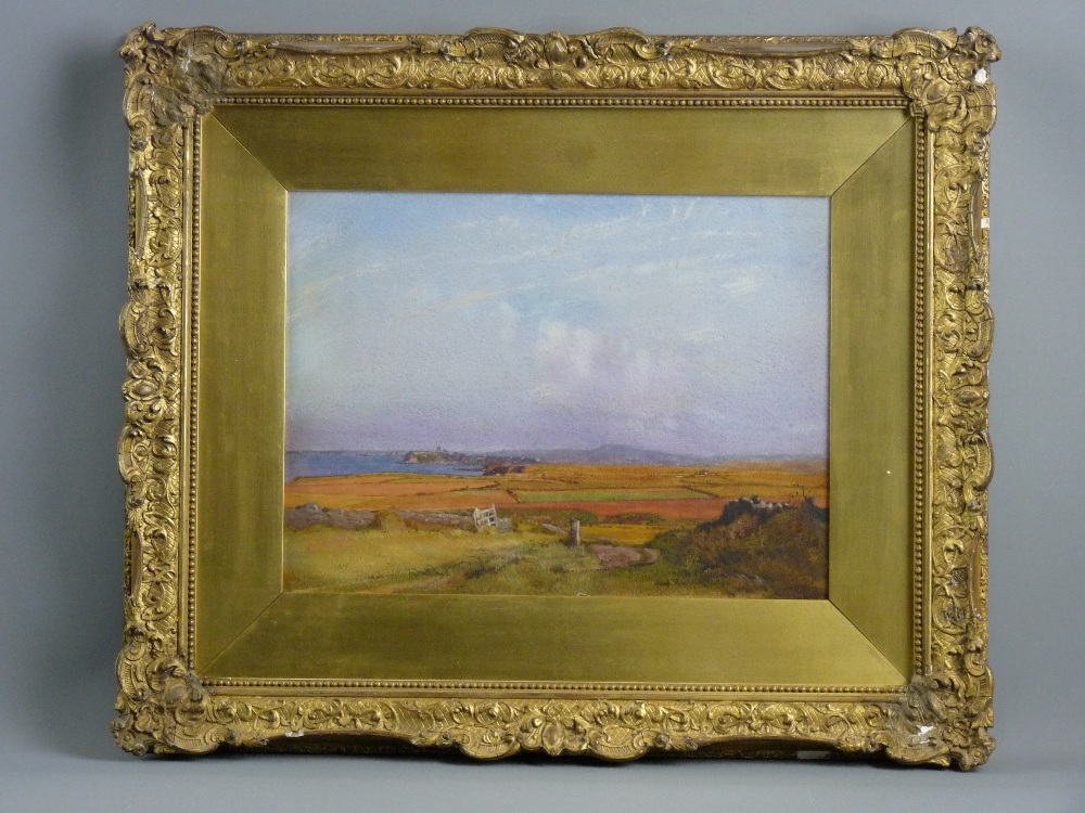 EDWARD WALKER watercolour - expansive coastal and landscape scene with patchwork of fields and