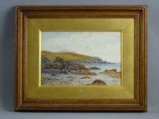 ROBERT DOBSON watercolour - rocky coastalscape with two figures, signed and dated 1897, 18 x 27 cms