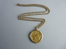 A GOLD FULL SOVEREIGN dated 1886, mounted in a nine carat gold pendant fob with a 45 cms long chain,