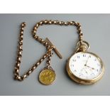 A NINE CARAT GOLD FOB WATCH CHAIN WITH T-BAR with an 1896 Victoria sovereign in a nine carat gold