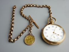 A NINE CARAT GOLD FOB WATCH CHAIN WITH T-BAR with an 1896 Victoria sovereign in a nine carat gold