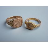 TWO NINE CARAT GOLD PART DECORATED MONOGRAMMED SIGNET RINGS, 7 grms