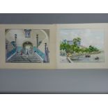 LING a pair of early 20th Century Oriental watercolours, mounted but unframed - depicting everyday