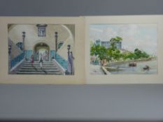 LING a pair of early 20th Century Oriental watercolours, mounted but unframed - depicting everyday