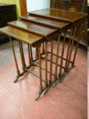 A GOOD QUARTETTO OF EDWARDIAN MAHOGANY SIDE TABLES with beaded edge top decoration on turned slender