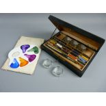 A VINTAGE FRENCH ARTIST'S PAINTBOX & PALETTE, the ebonized box with brass string inlay and