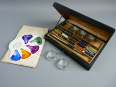 A VINTAGE FRENCH ARTIST'S PAINTBOX & PALETTE, the ebonized box with brass string inlay and