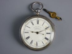 A SILVER ENCASED POCKET CHRONOGRAPH, centre second keywind, Chester 1893, having a white enamel dial