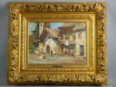CONTINENTAL SCHOOL oil - street scene with building and church with figures, indistinctly signed,