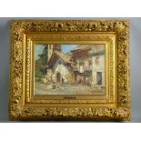 CONTINENTAL SCHOOL oil - street scene with building and church with figures, indistinctly signed,