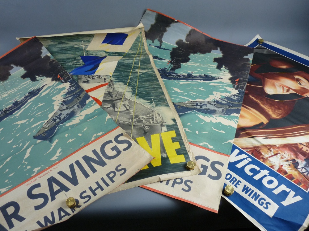 FOUR WWII WAR SAVINGS POSTERS including Norman Wilkinson 'War Savings Are Warships' and Edward