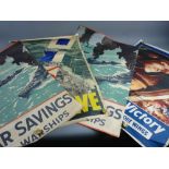 FOUR WWII WAR SAVINGS POSTERS including Norman Wilkinson 'War Savings Are Warships' and Edward