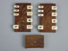 TWO SHIBAYAMA BEZIQUE MARKERS in Japanese hardwood with gilt foliage, eight inset flip ivory tabs to