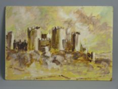 WILLIAM SELWYN early oil on board, unframed - Caernarfon Castle, signed verso, 26 x 37 cms