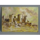 WILLIAM SELWYN early oil on board, unframed - Caernarfon Castle, signed verso, 26 x 37 cms