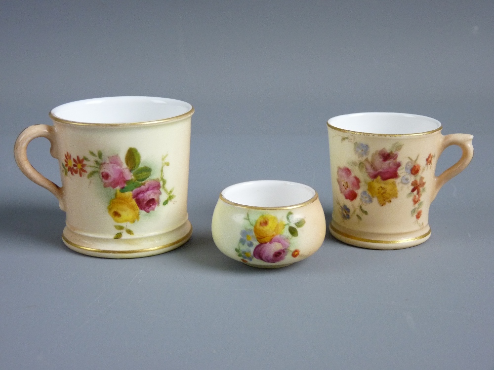 THREE ROYAL WORCESTER CABINET PIECES with handpainted floral patterns on a blush ground including