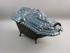 A FRENCH CAST IRON COAL SCUTTLE with green enamel foliate decoration and interior foundry marks,