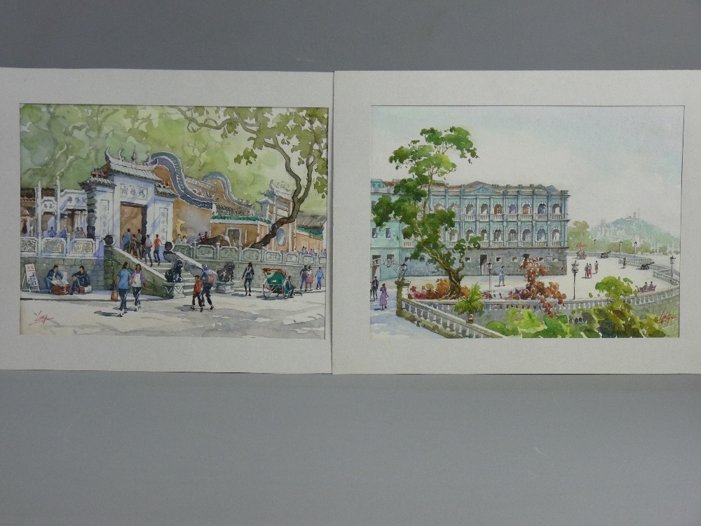 LING a pair of early 20th Century Oriental watercolours, mounted but unframed - depicting everyday