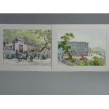 LING a pair of early 20th Century Oriental watercolours, mounted but unframed - depicting everyday