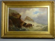 AGNES BARKER oil on canvas - stormy and rocky coastalscape with numerous sea birds, signed and dated