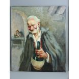 CONTINENTAL SCHOOL oil on canvas, unframed - a jovial bearded gentleman holding a wine flask, indis