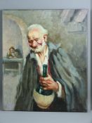 CONTINENTAL SCHOOL oil on canvas, unframed - a jovial bearded gentleman holding a wine flask, indis