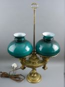 AN EMPIRE STYLE BRASS TABLE LAMP TWIN LIGHT with green glass shades on a relief decorated false