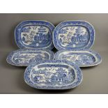 FIVE LARGE WILLOW PATTERN MEAT PLATTERS, 45 cms wide approximately