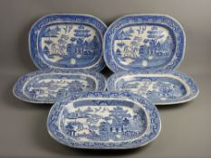 FIVE LARGE WILLOW PATTERN MEAT PLATTERS, 45 cms wide approximately