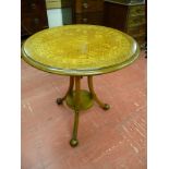 A HOWARD & SONS INLAID WALNUT TABLE, the 56 cms diameter circular top satin wood inlaid with a