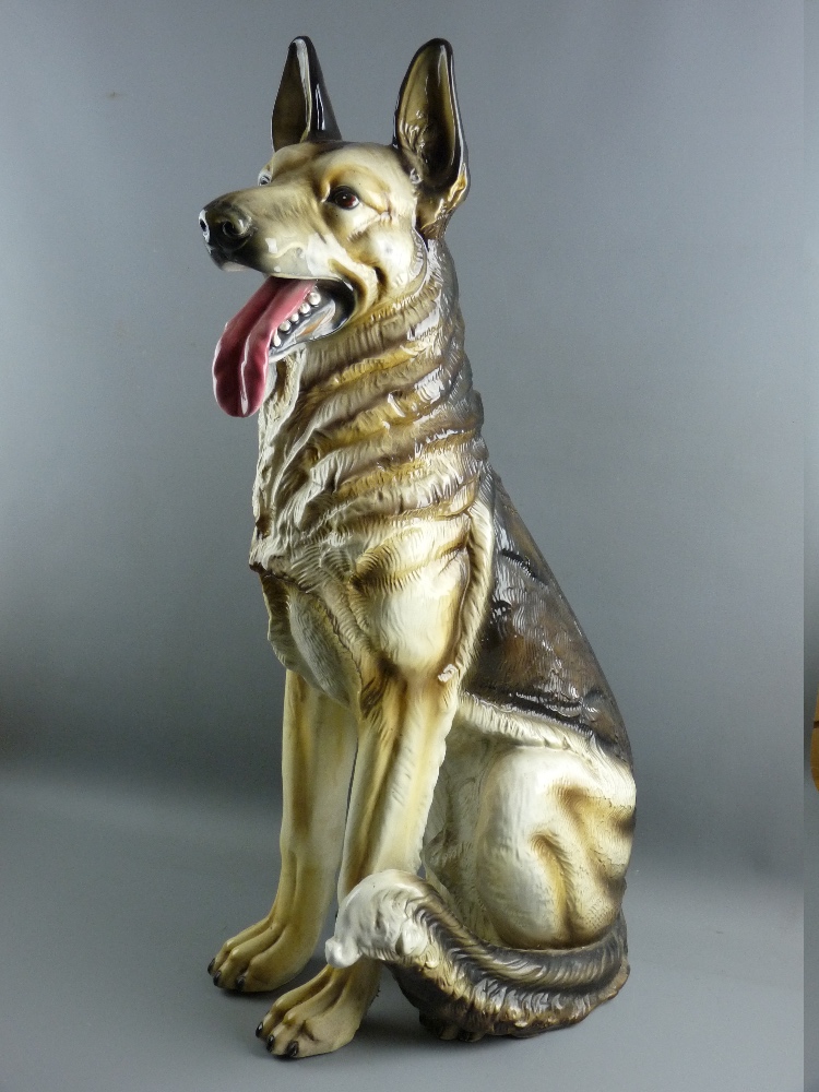 A LARGE ITALIAN CERAMIC MODEL OF A GERMAN SHEPHERD DOG, 89 cms high