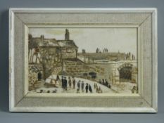 FRED YATES oil on board - coastal building and promenade with numerous figures, signed, 17.5 x 29.