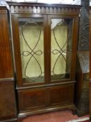 AN EARLY 20th CENTURY MAHOGANY DISPLAY CABINET with arch decorated frieze over twin glazed top