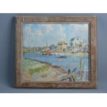 ALBERT LEE oil on board - river scene with boats and riverside properties, signed and indistinctly