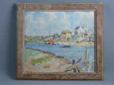 ALBERT LEE oil on board - river scene with boats and riverside properties, signed and indistinctly