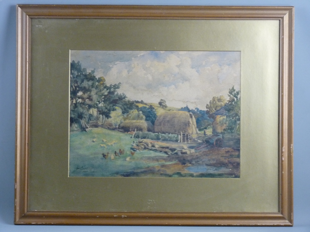 WILLIAM CARTLIDGE watercolour - farmyard scene with haystacks, poultry etc, signed and dated 1920,